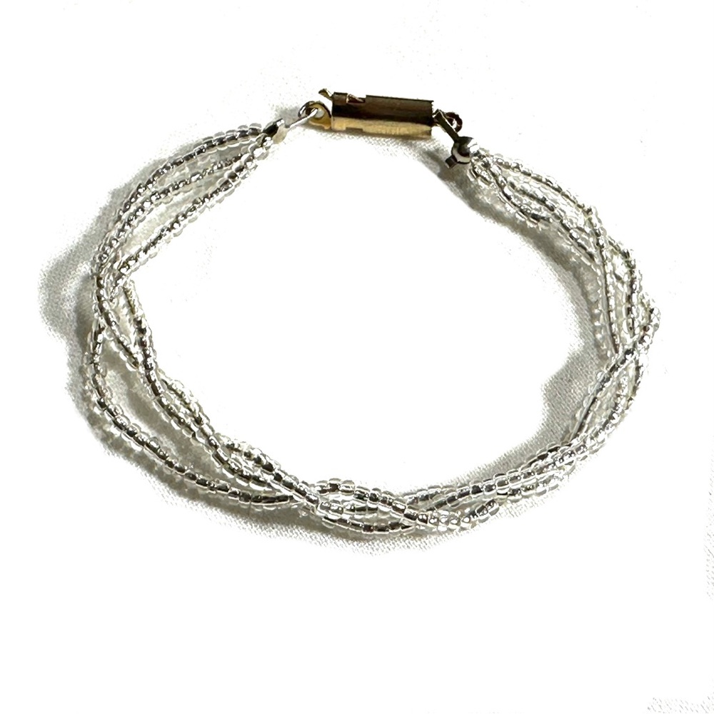 Multi Layered Twisted Clear Seed Bead Bracelet Gold Tone Fish Hook Clasp